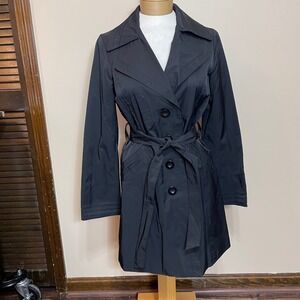 Ambition Womens Black Belted Trench Coat Button Front Jacket Medium Pockets